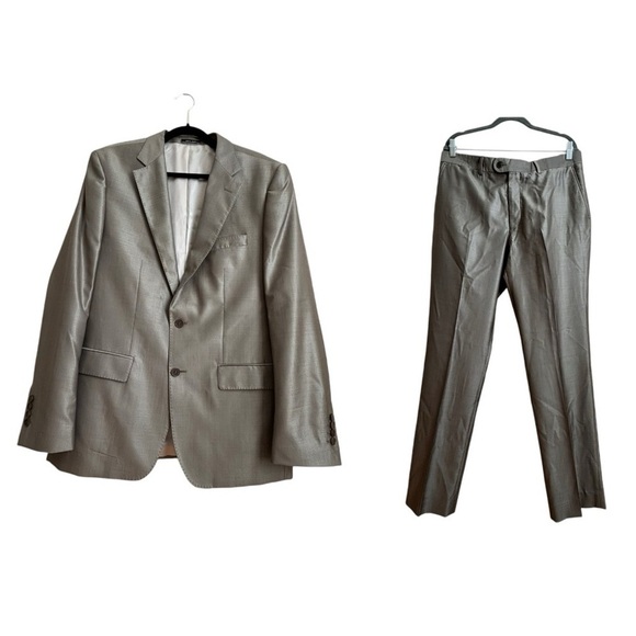 Zara Man Sz XL/L Wool Silk Single Breasted Shiny Taupe Suit - Picture 1 of 16